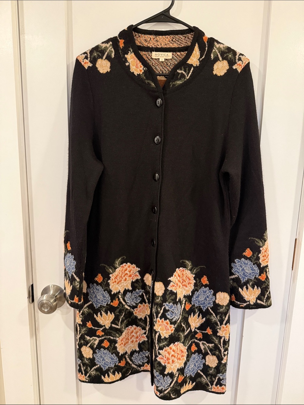 Novica Midday Garden Floral Long Black Cardigan Sweater 100% Baby Alpaca